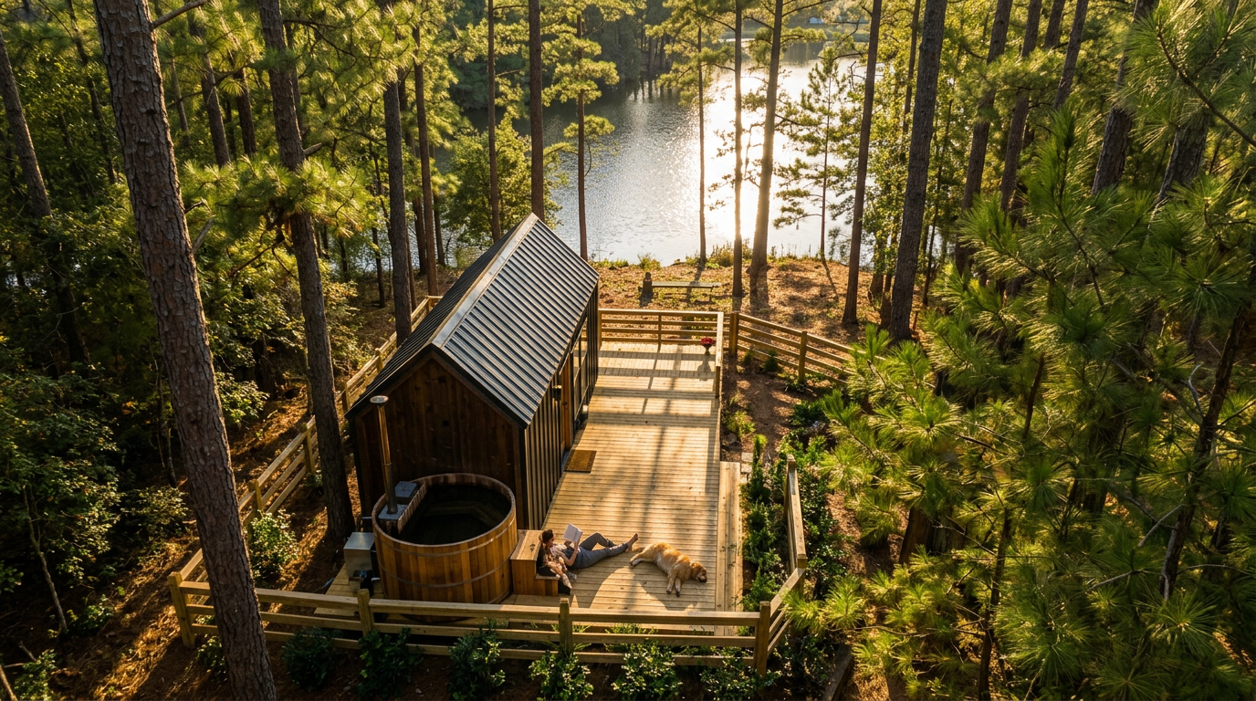 Aerial view of PawHaus resort nestled in East Texas pine forest