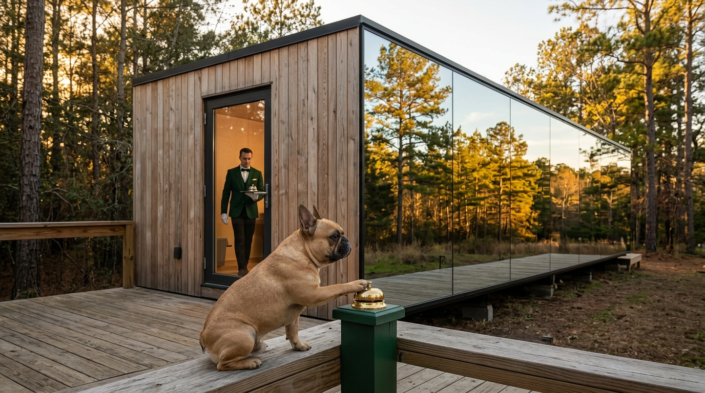 French bulldog ringing butler bell on ÖÖD cabin deck