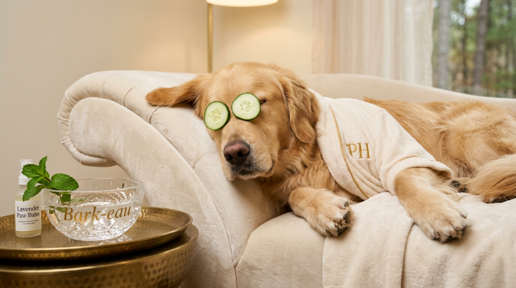 Golden retriever in monogrammed PH spa robe