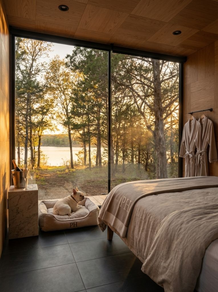Glass cabin interior with floor-to-ceiling lake views