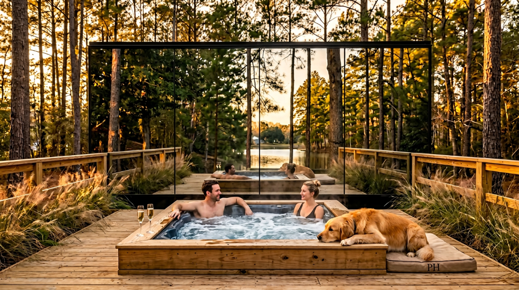 Couple relaxing in a private lakeside hot tub with their dog at PawHaus East Texas