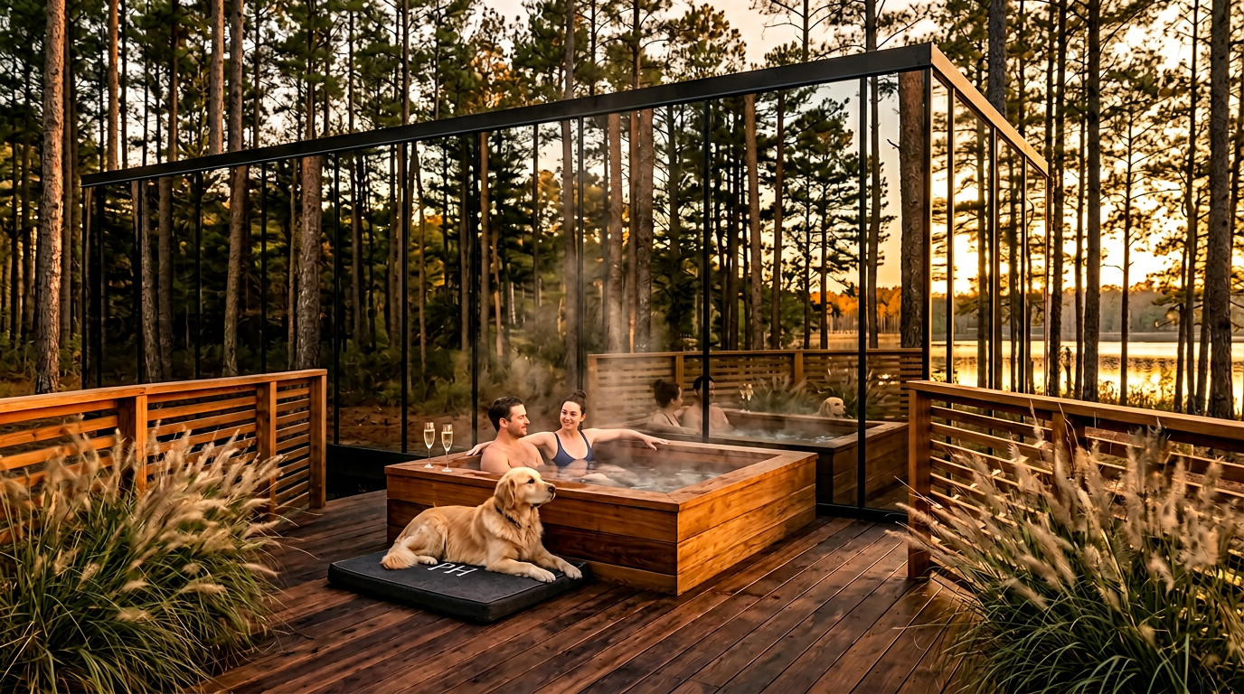 ÖÖD Mirror House luxury cabin with hot tub at golden hour