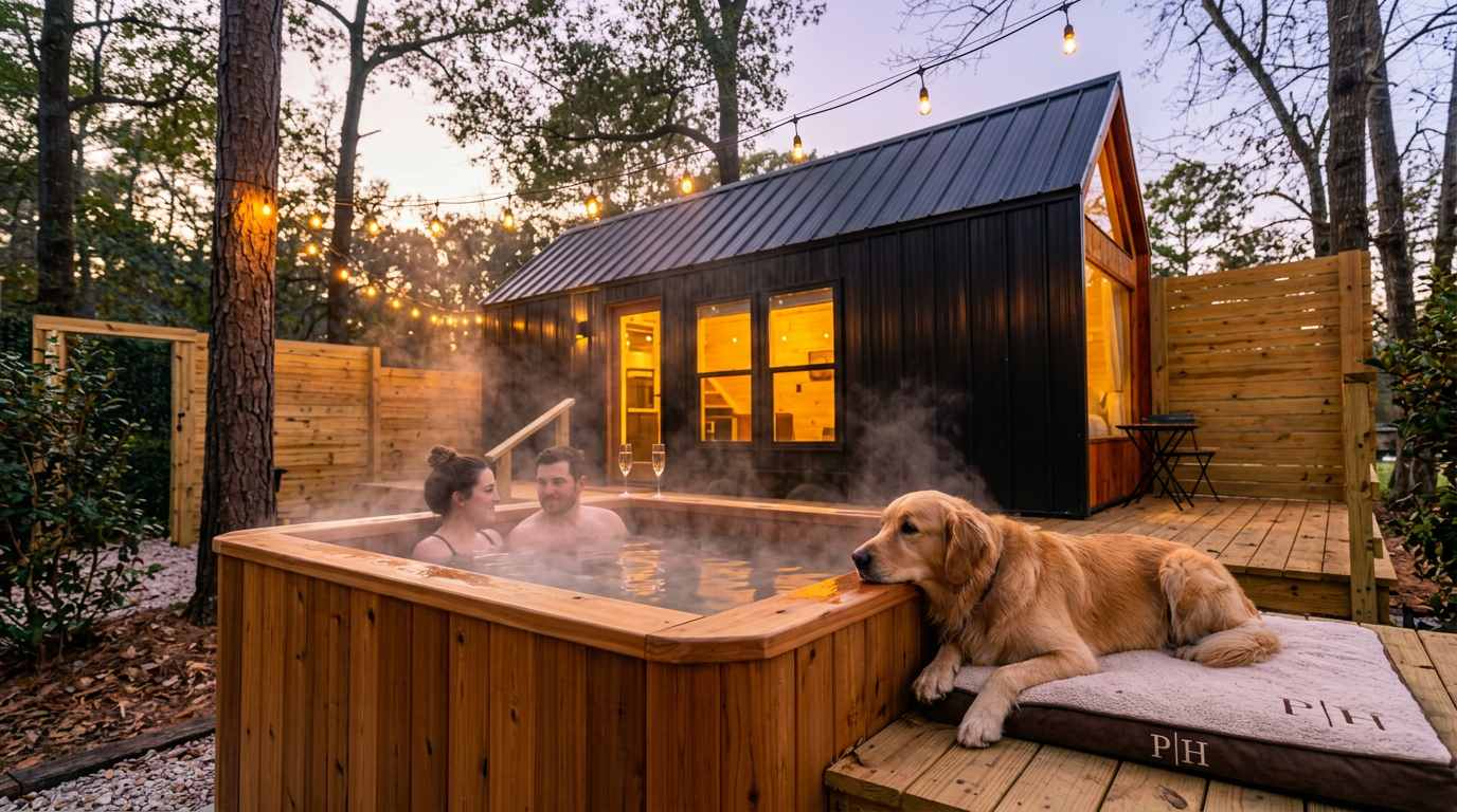 Luxury Nordic tiny home cabin with hot tub at dusk