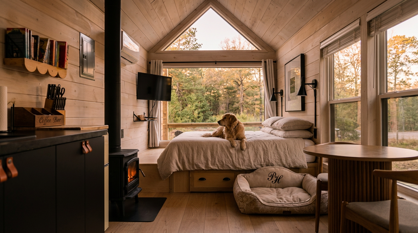 Luxury Nordic tiny home interior with king bed and golden retriever