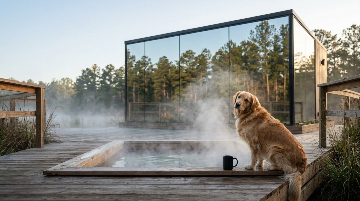 Dog and hot tub on ÖÖD mirror cabin deck in the morning