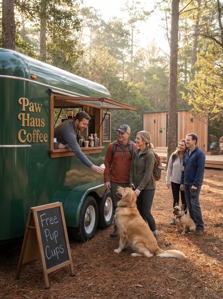 Paw Haus Coffee bar in the pines with guests and dogs