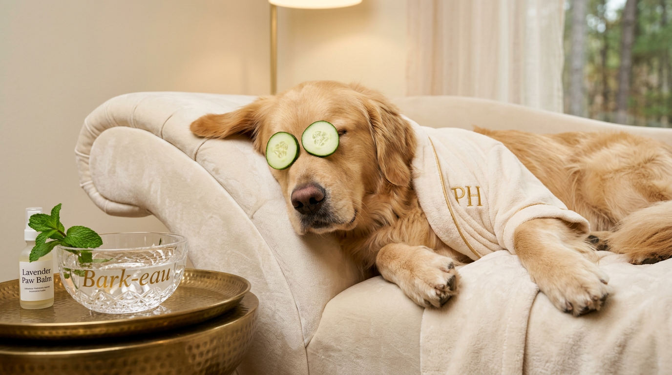 Golden retriever relaxing at The Paw Spa with cucumber eye treatment