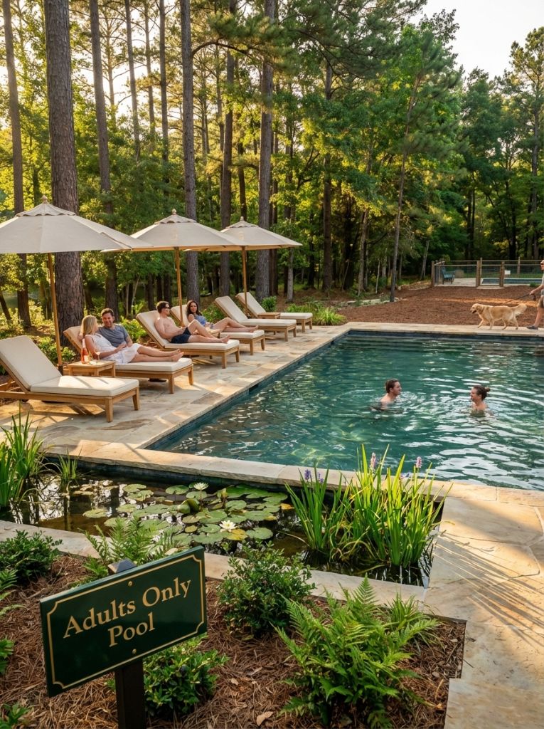 Resort pool surrounded by tall East Texas pines