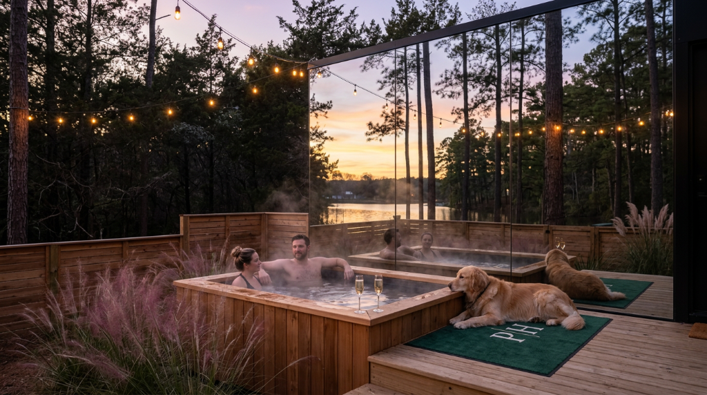 Hot tub at sunset with string lights