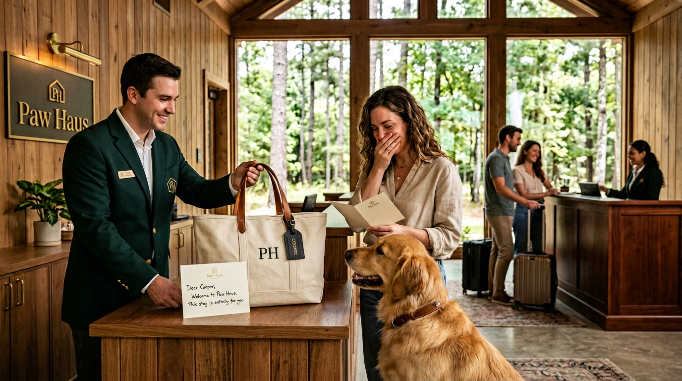 Cooper the golden retriever checking in at PawHaus welcome pavilion